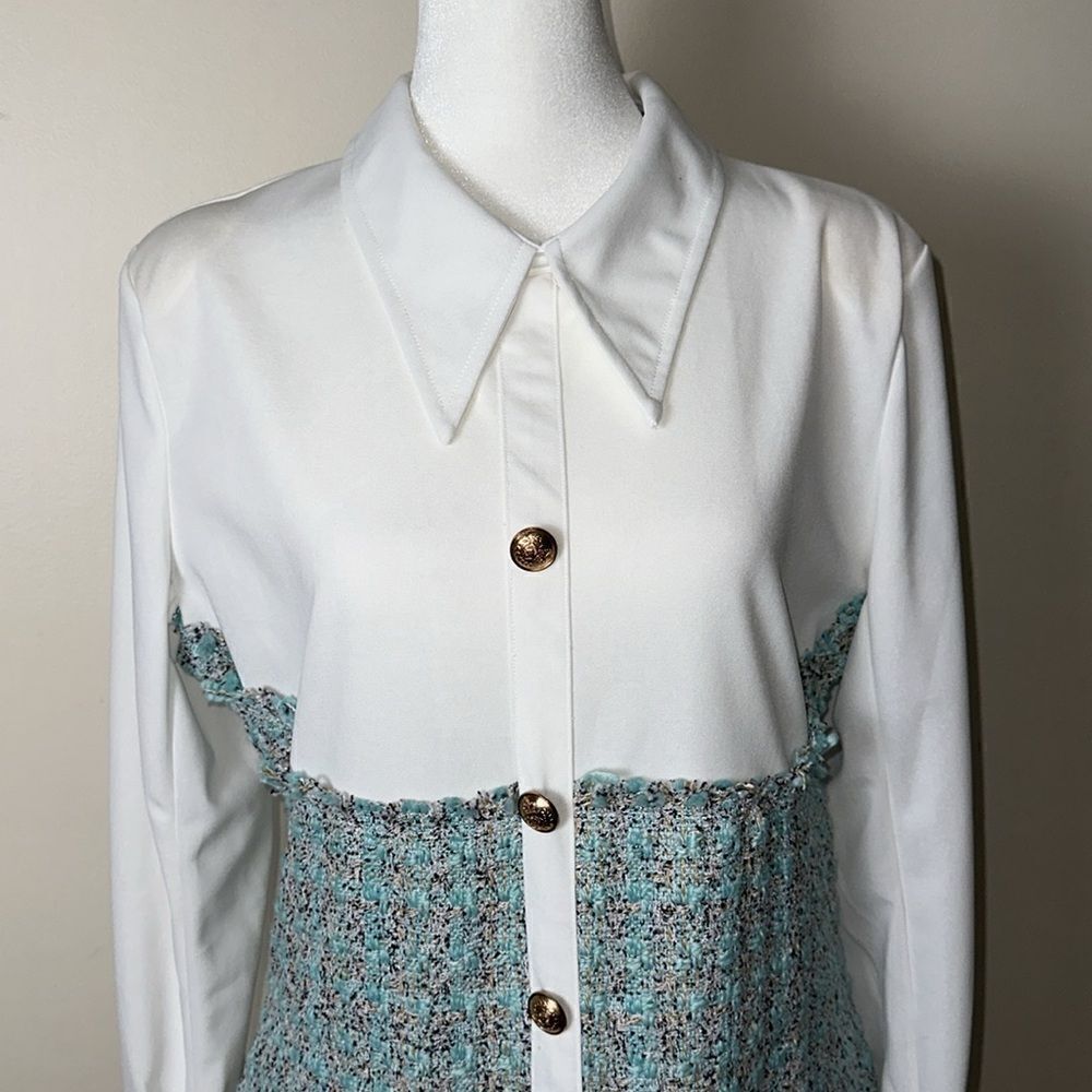 Jenifer Elegant White Tiffany Blue Boucle Tweed Long Sleeve Mini Dress - Picture 7 of 16